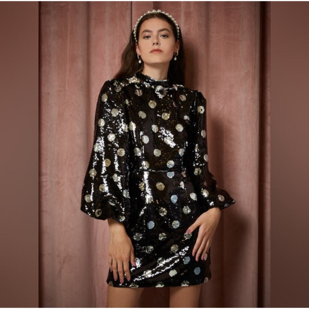Sister Jane Olympic Long Sleeve Polka Dot Sequin Mini Dress Black Silver Medium